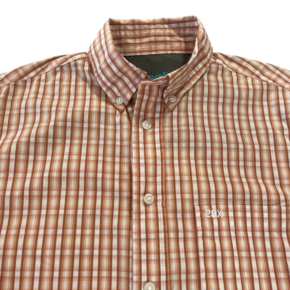 Wrangler 20X Competition Button Down Shirt Mens M Orange Plaid Stretch Long Tail
